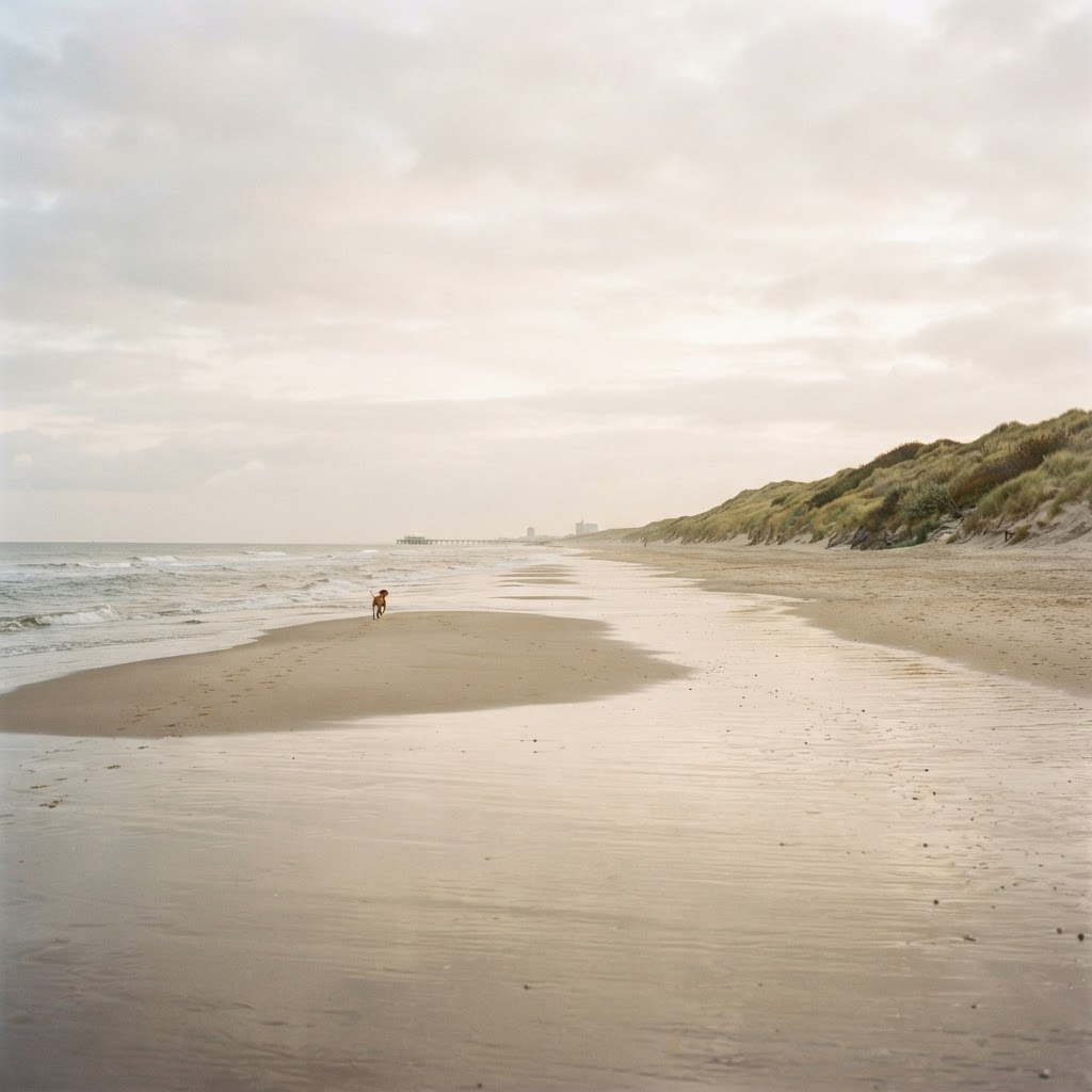 Empty wide beach at Scheveningen in soft early morning light