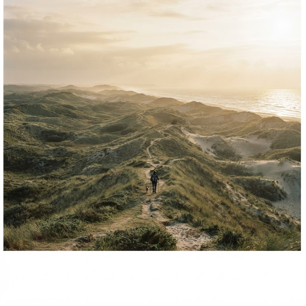 A person walking a dog along a narrow path through vast coastal dunes at golden hour