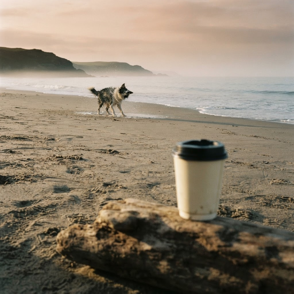 A coffee cup on weathered wood with a wet dog shaking off water on an empty beach behind