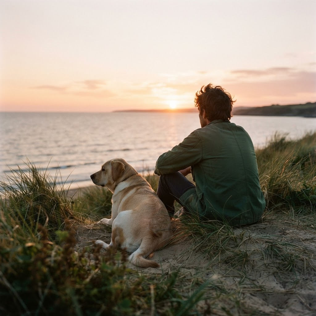 A man sitting on a dune at sunset with his relaxed labrador looking out over the sea
