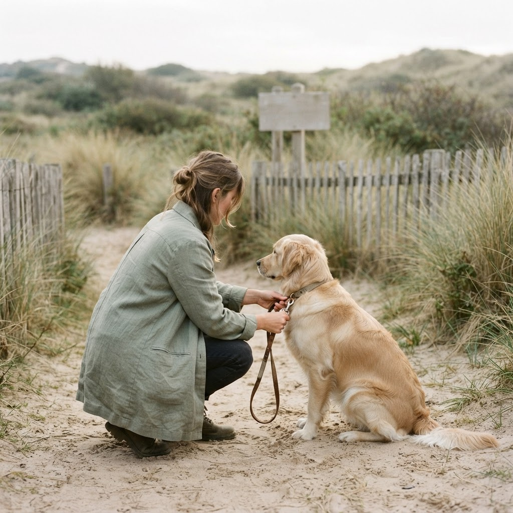 A woman crouching beside a golden retriever to unclip the leash at a dune reserve entrance